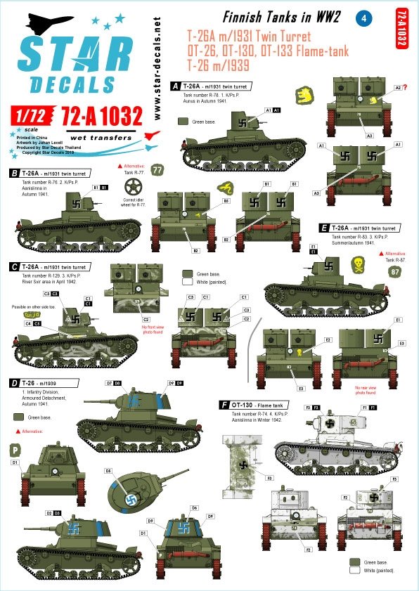 Star Decals 72-A1032 Chars finlandais de la Seconde Guerre mondiale n° 4. T-26 m/1931 à tourelle double, T-26 m/1939, OT-26, OT-130 et OT-133 lance-flammes. Échelle 1/72