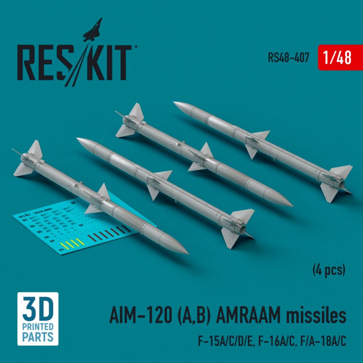 RESKIT RS48-0407 Missiles AIM-120 (A,B) AMRAAM (4 pièces) (Impression 3D) 1/48