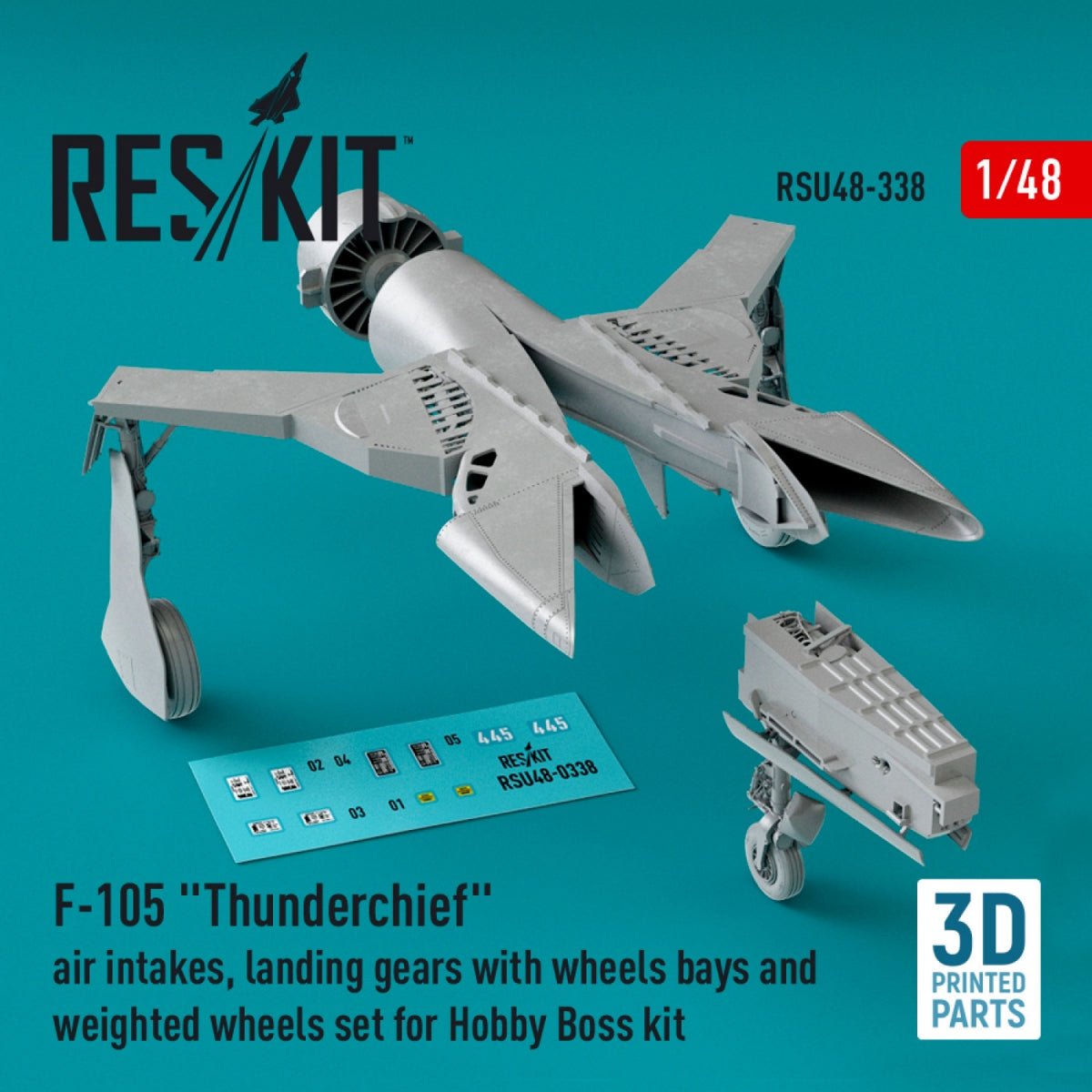 RESKIT RSU48-0338 F-105 Thunderchief : entrées d&amp;#39;air, trains d&amp;#39;atterrissage avec logements de roues et jeu de roues lestées pour maquette Hobby Boss (impression 3D) au 1/48 – Bild 2