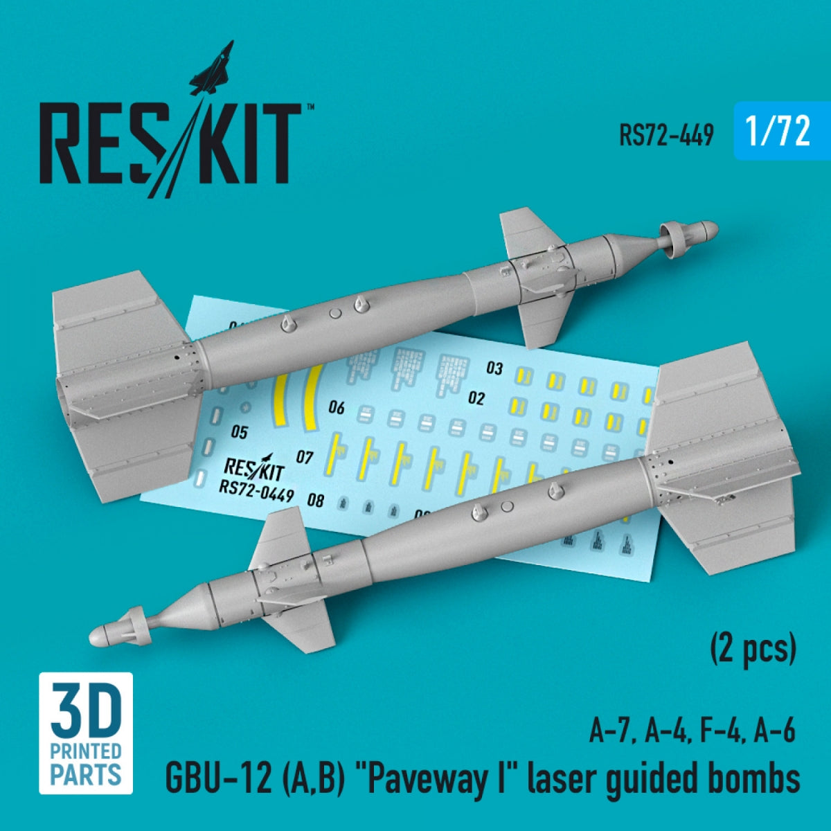 RESKIT RS72-0449 GBU-12 (A,B) &amp;quot;PAVEWAY I&amp;quot; BOMBES À GUIDAGE LASER (2 PIÈCES) (IMPRIMÉES EN 3D) 1/72