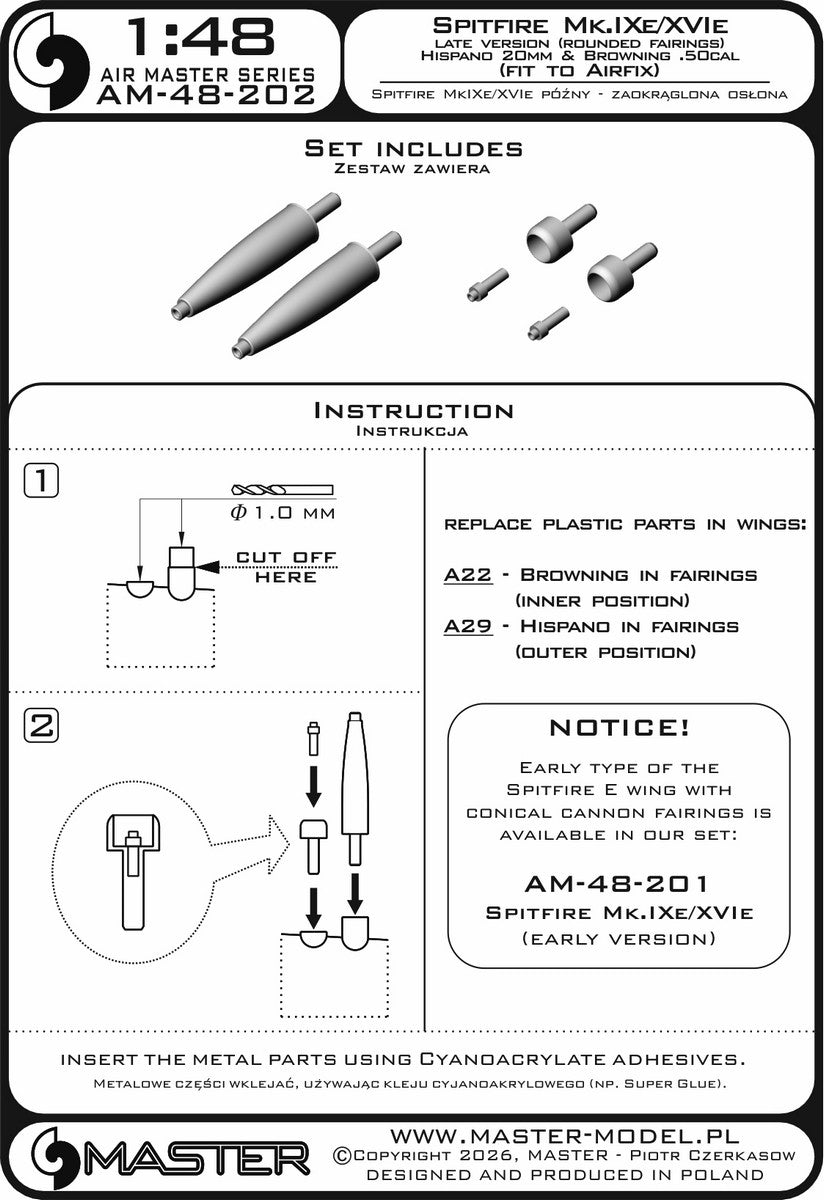 Master AM-48-202 Spitfire Mk.IXe/XVIe późna wersja - zaokrąglona osłona luf działek Hispano 20mm oraz km Browning .50cal w osłonie (do modelu Airfix) 1/48 – imagen 6