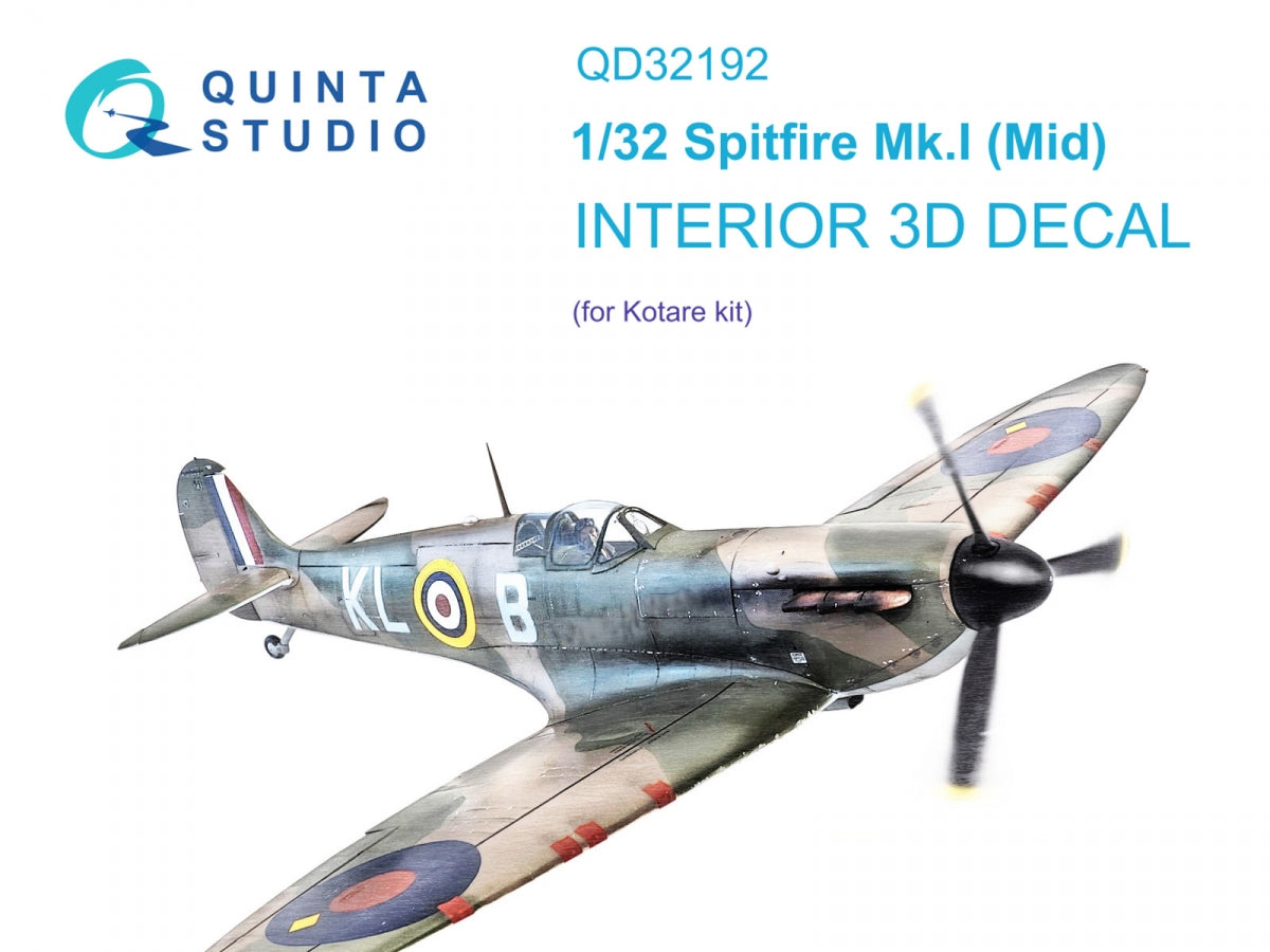 Intérieur imprimé en 3D et coloré sur papier décalcomanie (Kotare) pour Spitfire Mk.1 (Mid) de Quinta Studio QD32192, échelle 1/32