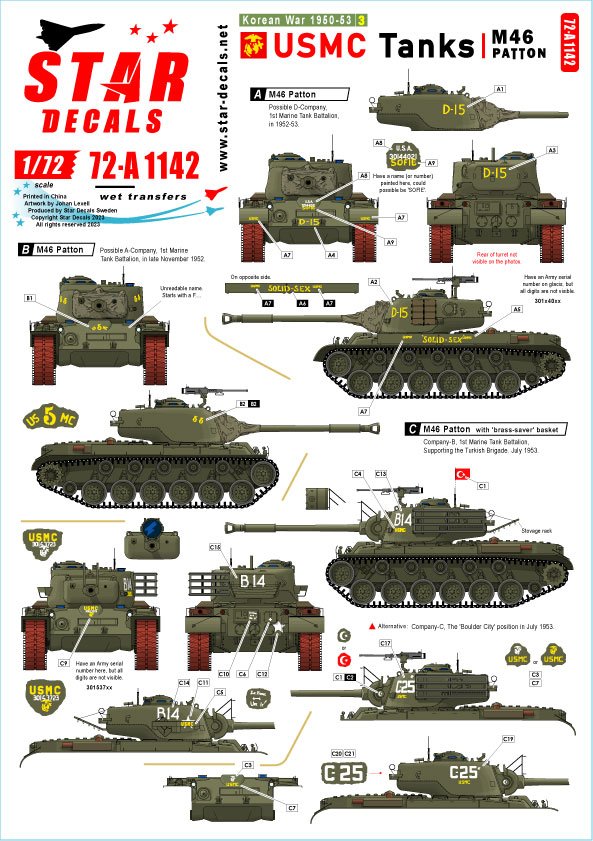 Star Decals 72-A1142 Guerre de Corée 1950-53 n° 3. Chars de l'USMC. Patton. Échelle 1/72