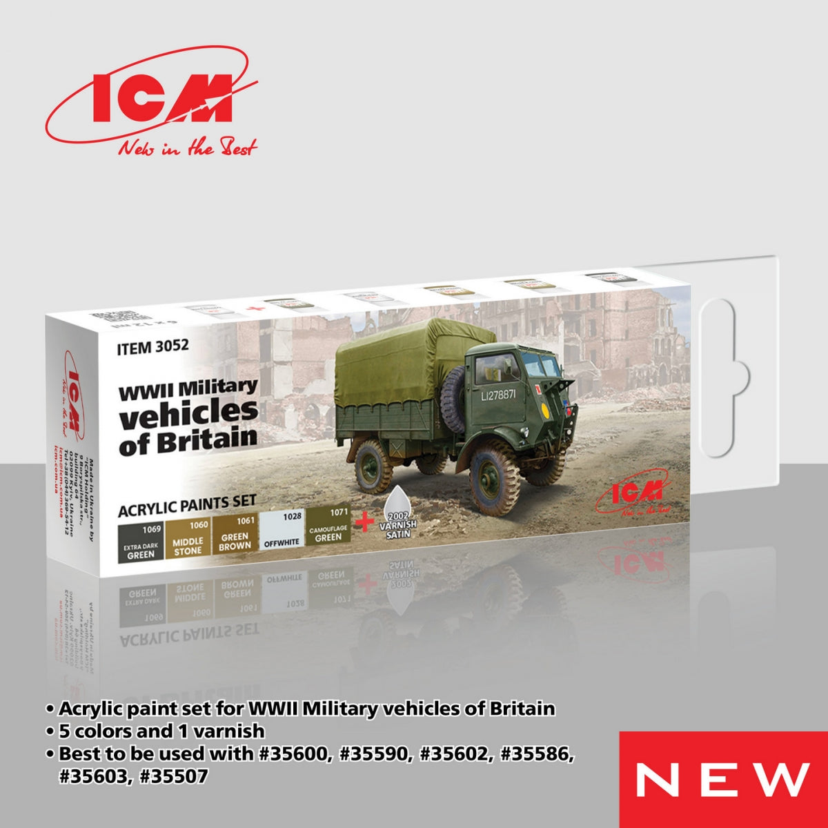 Coffret de 6 peintures acryliques ICM 3052 pour véhicules militaires britanniques de la Seconde Guerre mondiale, 12 ml.