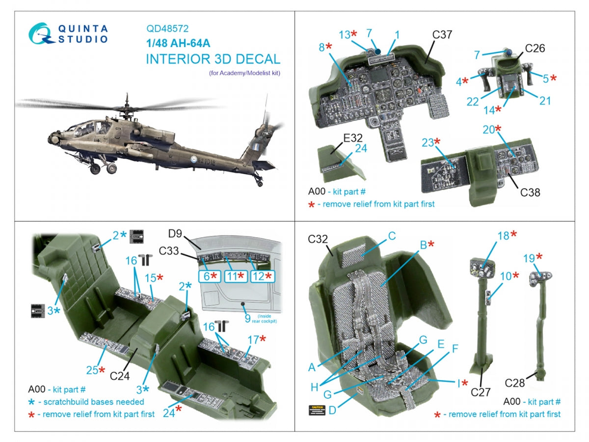 Intérieur imprimé en 3D et coloré sur papier décalcomanie Quinta Studio QD48572 AH-64A (Academy/Modelist) 1/48  – imagen 12