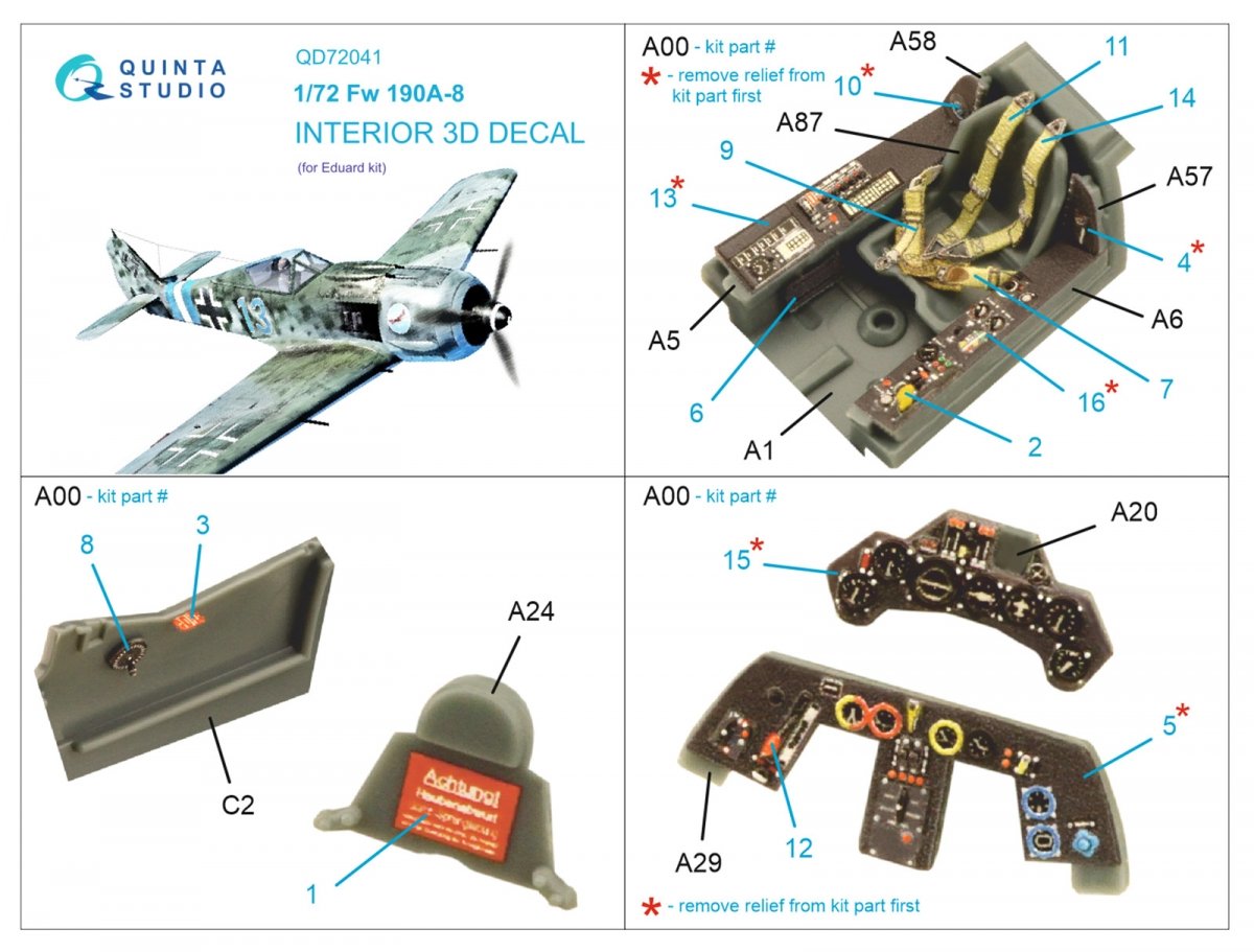 Intérieur imprimé en 3D et coloré sur papier décalcomanie (Eduard) pour Fw 190A-8 (Quinta Studio QD72041), échelle 1/72 – image 2