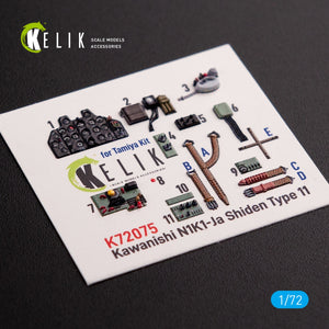 Décalcomanies 3D intérieures KELIK K72075 N1K1-Ja Shiden Type 11 pour maquette Tamiya au 1/72