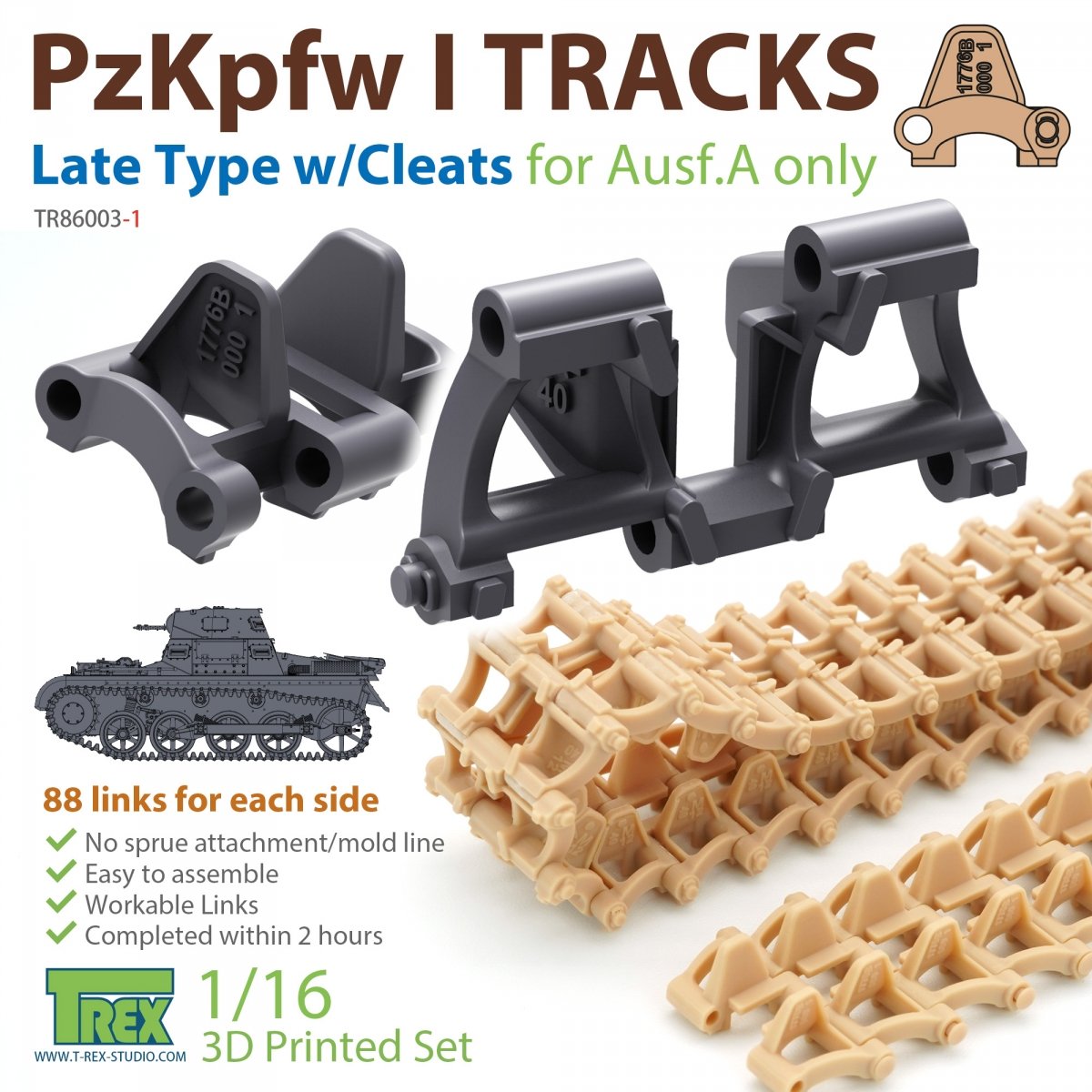 T-Rex Studio TR86003-1 PzKpfw I Chenilles Type tardif avec taquets pour Ausf.A uniquement 1/16