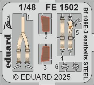Ceintures de sécurité Eduard FE1502 Bf 109E-3 en acier Hobby Boss 1/48