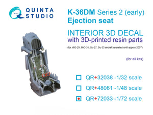 Quinta Studio QR+72033 Siège éjectable K-36DM Série 2 (première version) (pour avions MiG-29, MiG-31, Su-27, Su-33 jusqu&amp;#39;en 2007) (Toutes les maquettes) 1/72