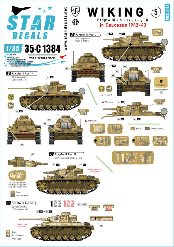 Star Decals 35-C1384 Wiking n° 5. 5. SS-Wiking dans le Caucase 1942-43. Pz III Ausf J canon court, Pz III Ausf J canon long et Pz III Ausf N. Échelle 1/35