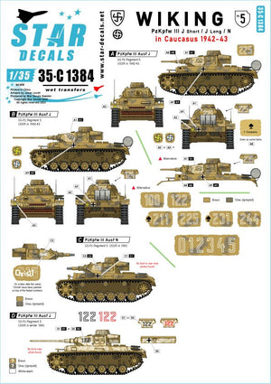Star Decals 35-C1384 Wiking n° 5. 5. SS-Wiking dans le Caucase 1942-43. Pz III Ausf J canon court, Pz III Ausf J canon long et Pz III Ausf N. Échelle 1/35
