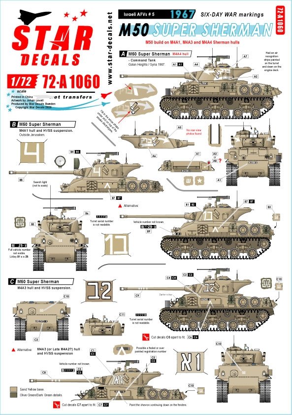 Star Decals 72-A1060 Marquages ​​des véhicules blindés israéliens n° 5 (1960 et Guerre des Six Jours). M50 Super Sherman 1/72 
