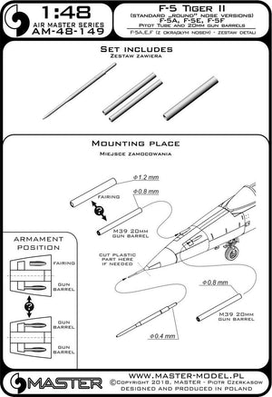 Master AM-48-149 F-5 Tiger II « Freedom Fighter » (version nez rond) - F-5A, E, F - kit de détails - Tube Pitot et canons de 20 mm 1/48 – immagine 3