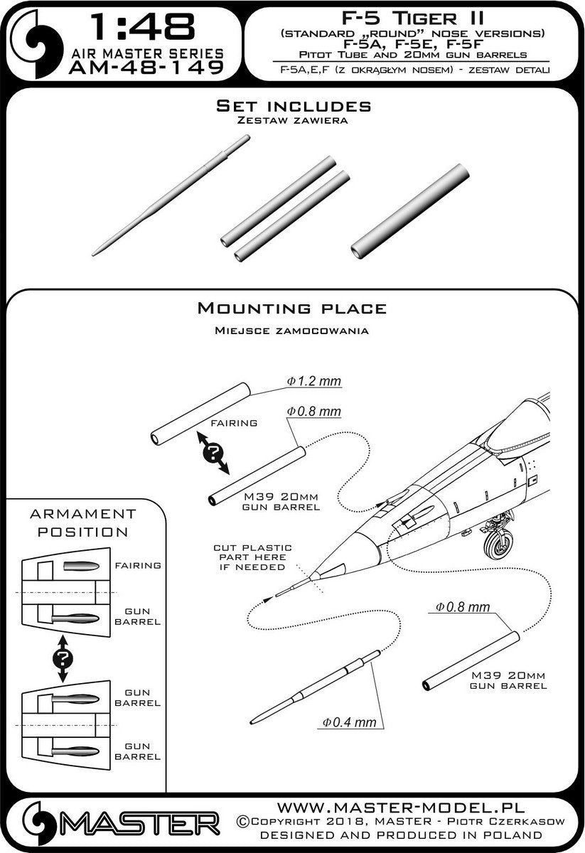 Master AM-48-149 F-5 Tiger II « Freedom Fighter » (version nez rond) - F-5A, E, F - kit de détails - Tube Pitot et canons de 20 mm 1/48 – immagine 3