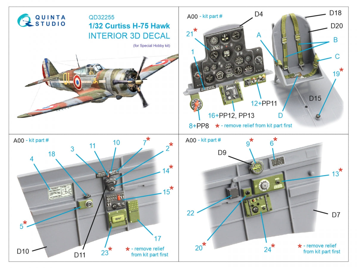 Intérieur imprimé en 3D et coloré sur papier décalcomanie Quinta Studio QD32255 Curtiss H-75 Hawk (Special Hobby) 1/32 – image 2
