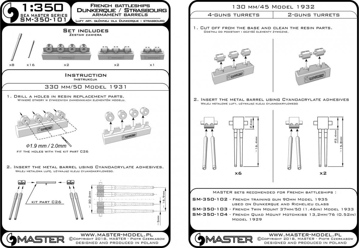Armement du cuirassé Dunkerque/Strasbourg Master SM-350-101 – Canons de 330 mm (8 pièces), canons de 130 mm (16 pièces) avec éléments en résine pour le montage des canons (1/350) – imagen 6