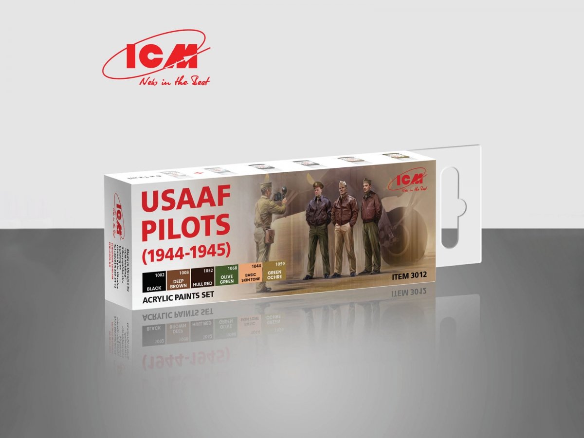 Coffret de peinture acrylique ICM 3012 pour pilotes de l'USAAF (1944-1945), 6 pots de 12 ml