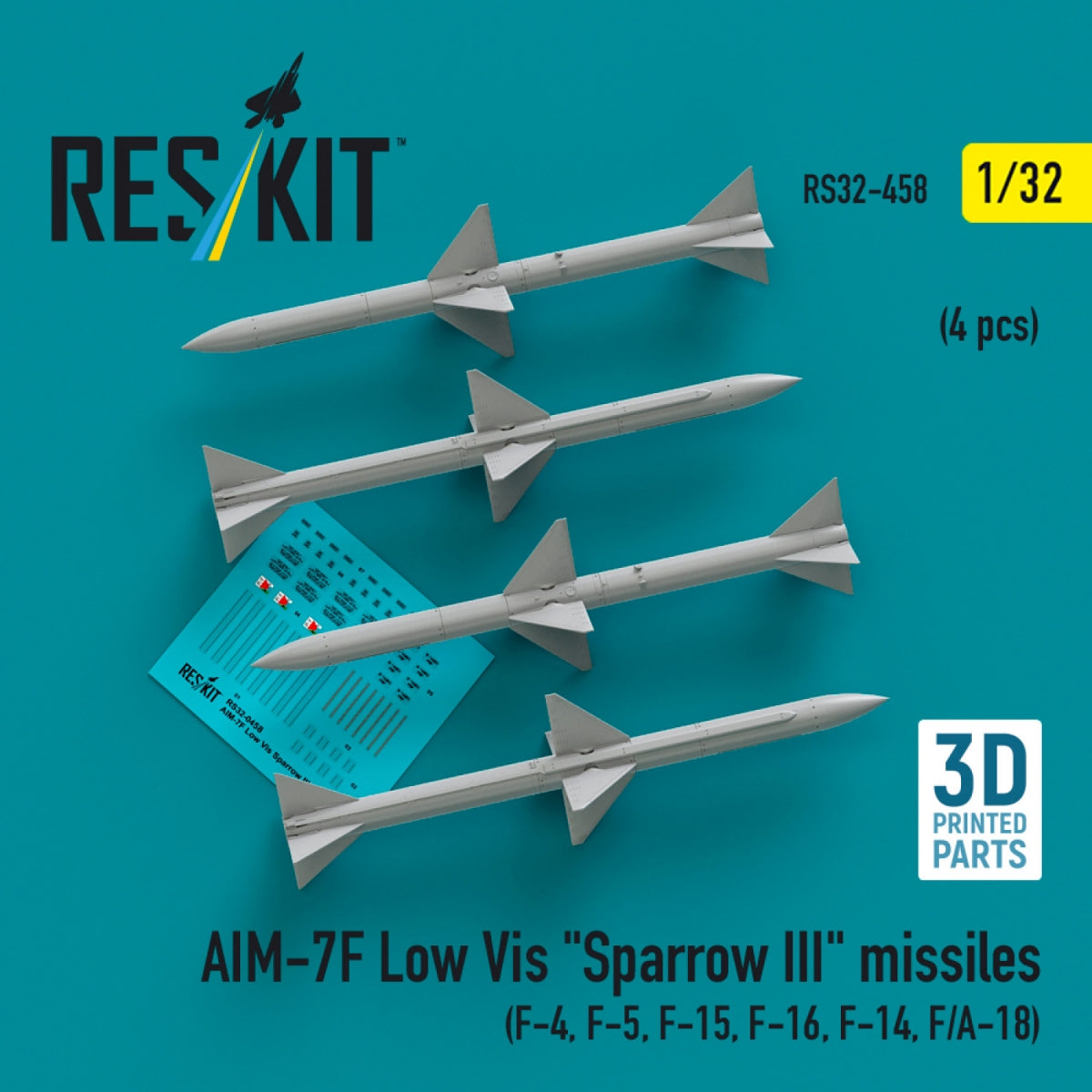 Missiles RESKIT RS32-0458 AIM-7F Low Vis « Sparrow III » (4 pièces) (Impression 3D) 1/32