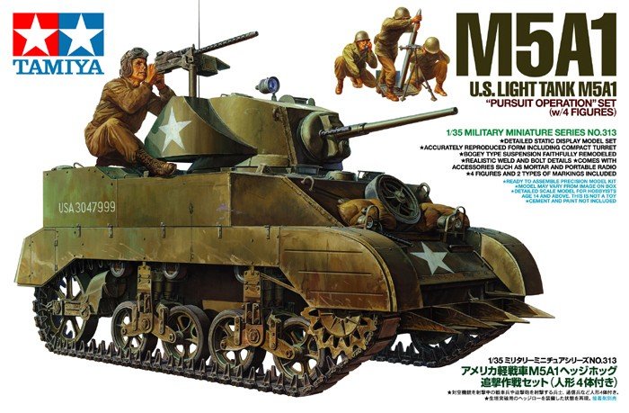Tamiya 35313 Ensemble d'opération de poursuite du char léger américain M5A1 (avec 4 figurines) (1/35)