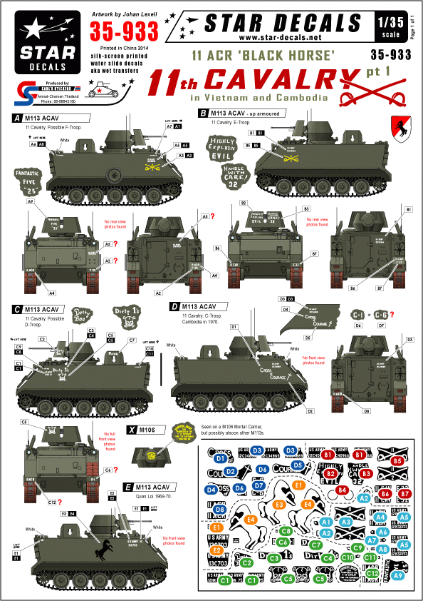 Star Decals 35-933 11e régiment de cavalerie au Vietnam et au Cambodge 1 1/35