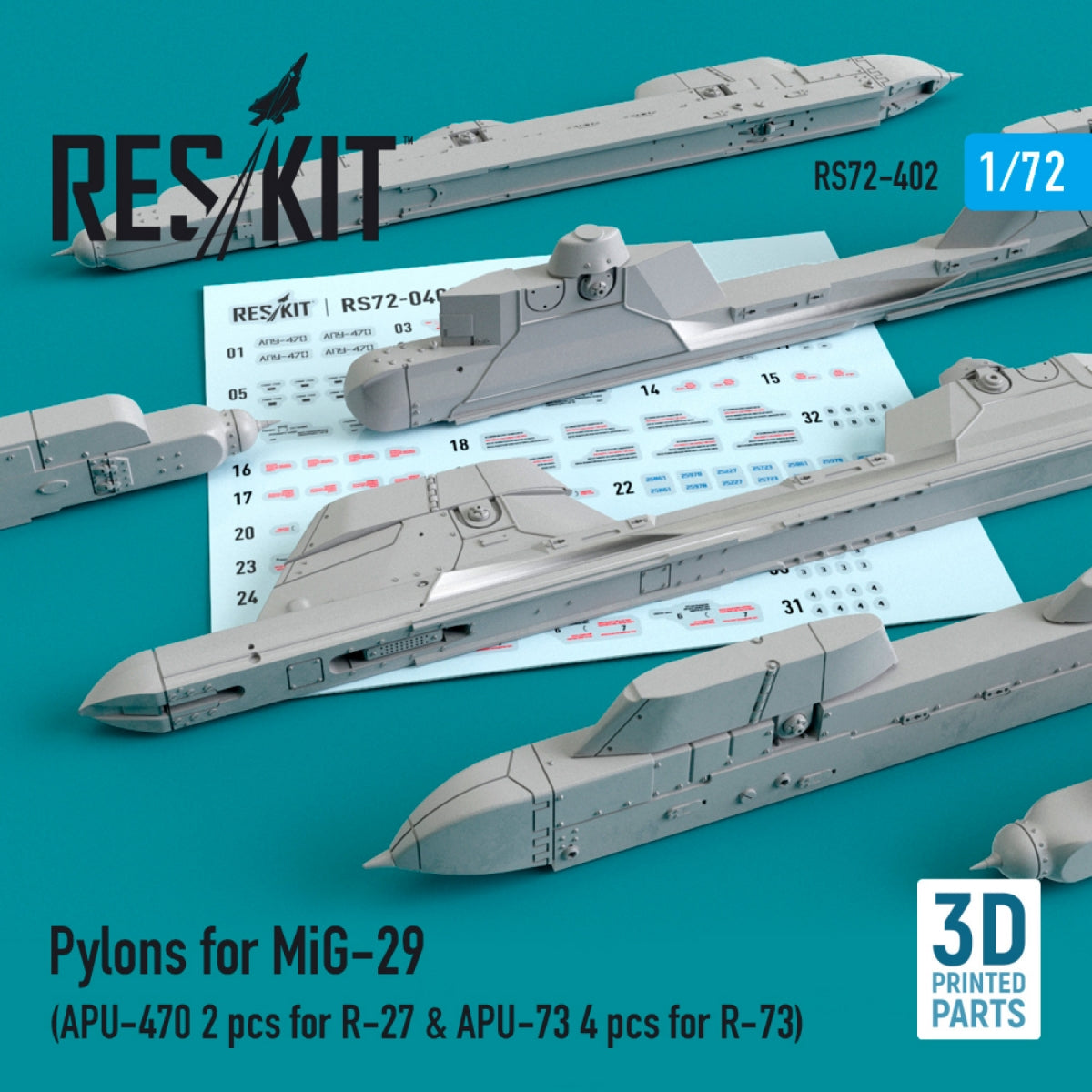 RESKIT RS72-0402 PYLÔNES POUR MIG-29 (APU-470 2 PIÈCES POUR R-27 &amp;amp; APU-73 4 PIÈCES POUR R-73) 1/72