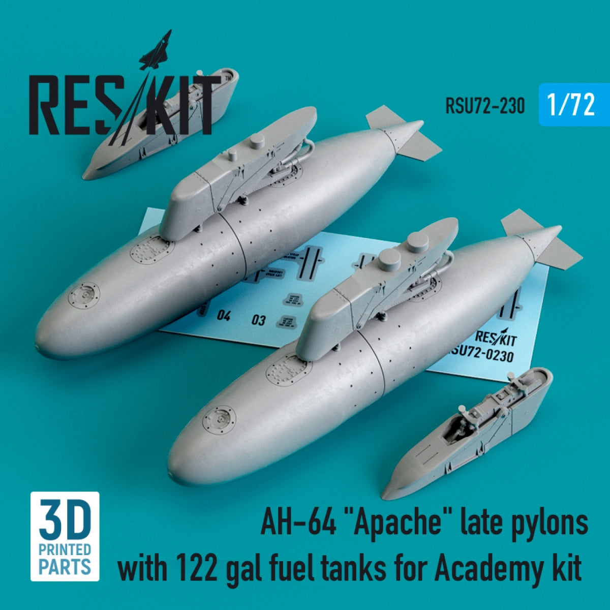 RESKIT RSU72-0230 AH-64 « APACHE » PYLÔNES TARDIFS AVEC RÉSERVOIRS DE CARBURANT DE 122 GAL POUR MAQUETTE ACADEMY (IMPRIMÉ EN 3D) 1/72 