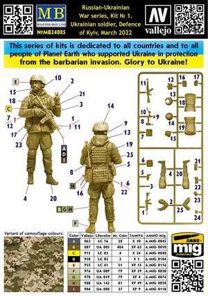 Master Box 24085, série Guerre russo-ukrainienne, Kit n° 1. Soldat ukrainien, Défense de Kyiv, mars 2022, échelle 1/24  – Bild 2