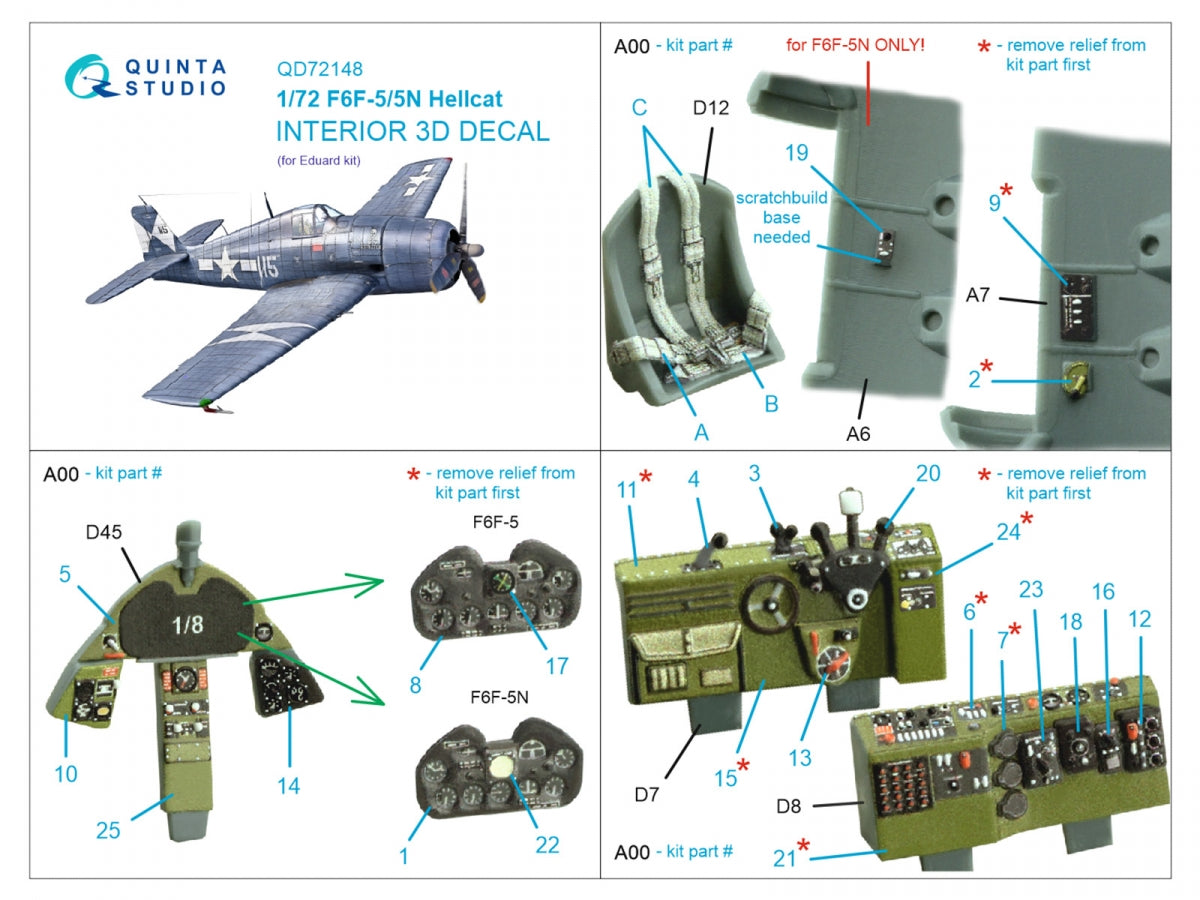 Intérieur coloré imprimé en 3D sur papier décalcomanie pour F6F-5 Hellcat (Eduard) - Quinta Studio QD72148, échelle 1/72 – image 2