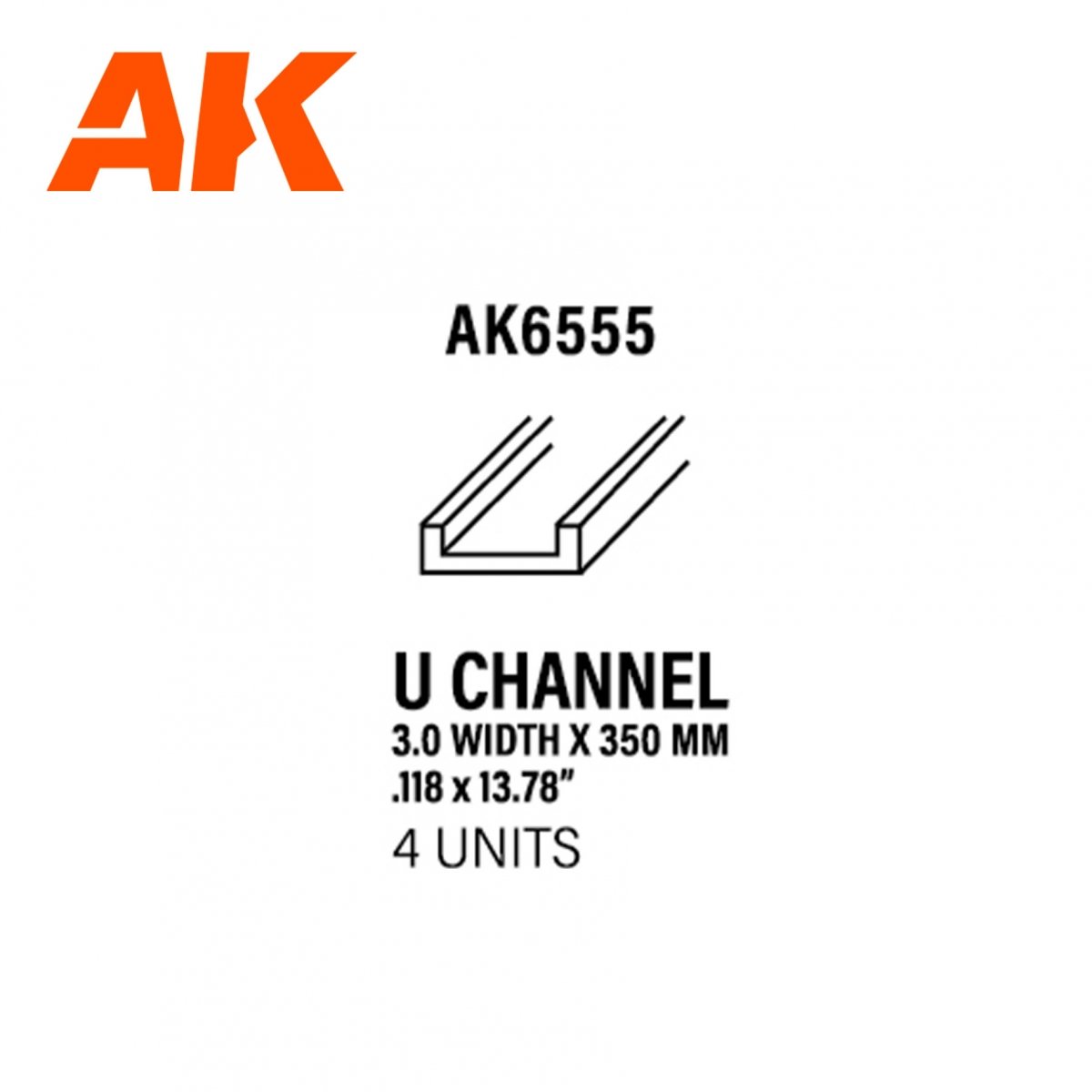 AK Interactive AK6555 PROFILÉ EN U 3.0 LARGEUR X 350MM – STYRÈNE – (4 UNITÉS)