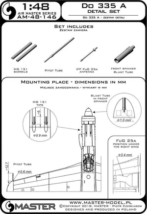 Master AM-48-146 Do 335 A – zestaw detali – MG 151, antena FuG 25a, rurka Pitota 1/48 – zdjęcie 3