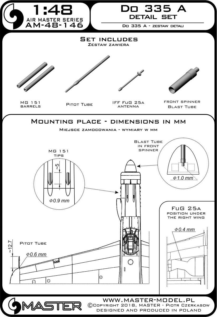 Master AM-48-146 Do 335 A – zestaw detali – MG 151, antena FuG 25a, rurka Pitota 1/48 – zdjęcie 3