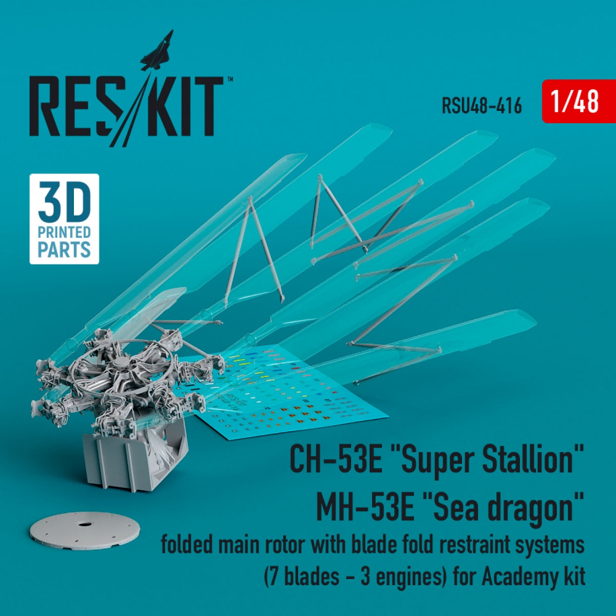 RESKIT RSU48-0416 CH-53E « Super Stallion », MH-53E « Sea Dragon » rotor principal repliable avec systèmes de retenue des pales (7 pales - 3 moteurs) pour maquette Academy (impression 3D) 1/48