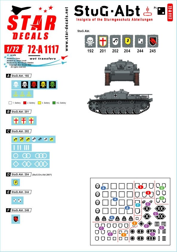 Star Decals 72-A1117 StuG-Abt #2 Insignes génériques et marquages ​​d'unité pour les unités Sturmgeschutz. StuG-Abt 192, 201, 202, 244, 245 1/72