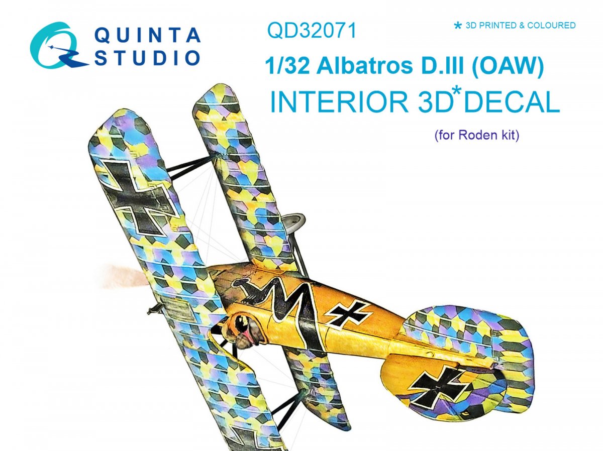 Intérieur imprimé en 3D et coloré sur papier décalcomanie Quinta Studio QD32071 Albatros D.III OAW (pour maquette Roden) au 1/32