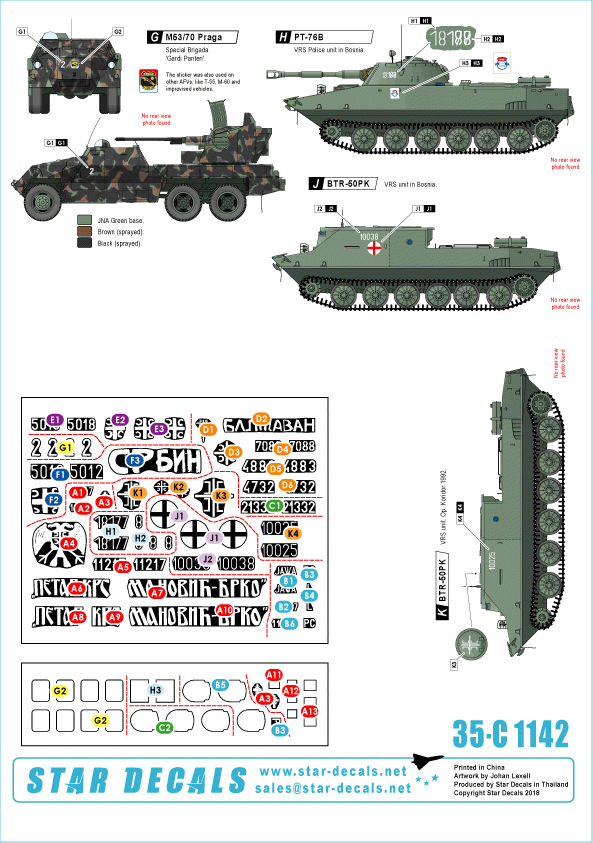 Star Decals 35-C1142 Serbes (SVK et VRS) M18 Hellcat, M36B2 Jackson, M84, PT-76B, BTR-50PK, M53/59 Praga SPAAG 1/35 – Bild 2