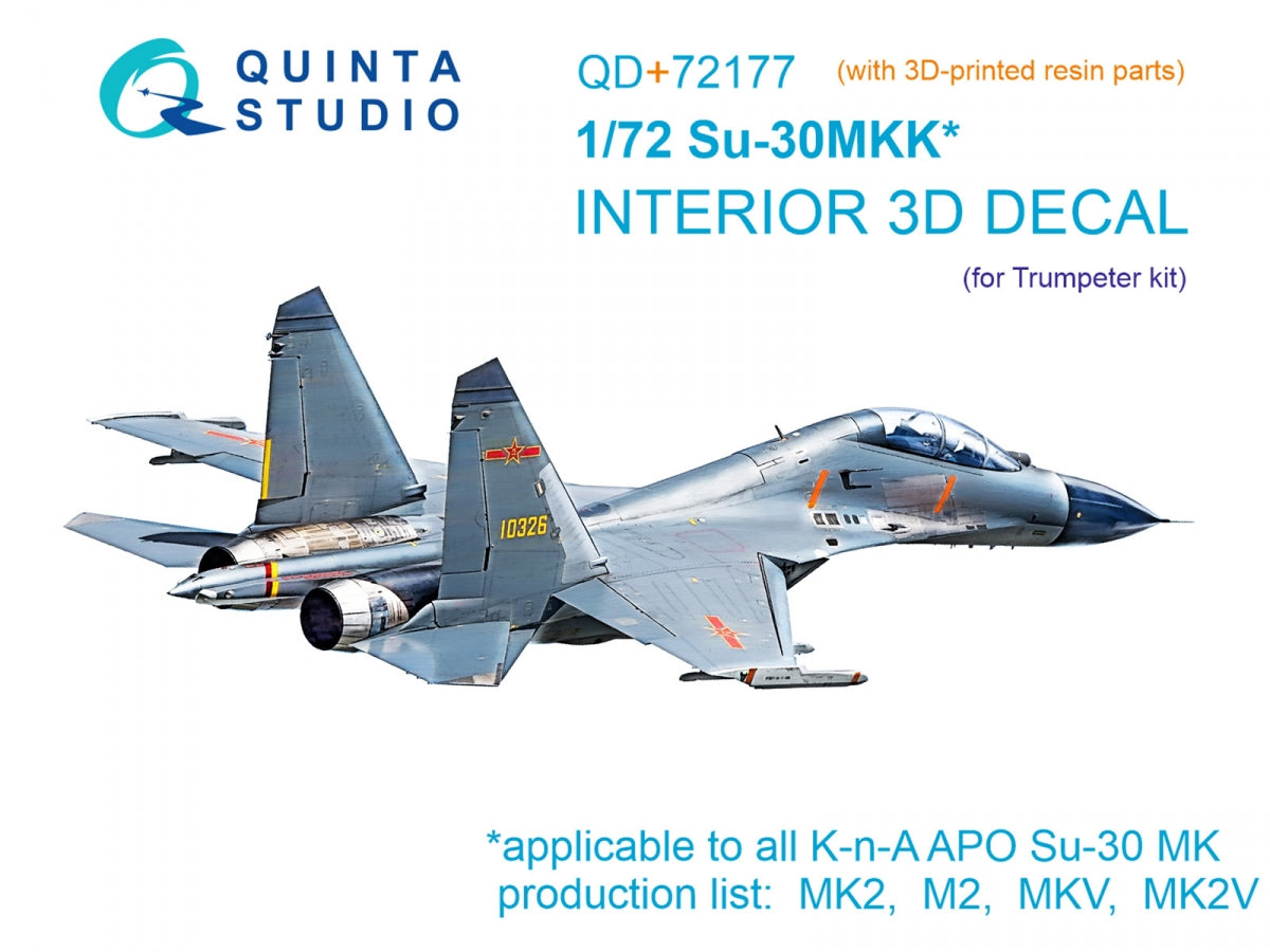 Quinta Studio QD+72177 Su-30MKK 3D-Printed &amp; colored Interior on decal paper (Trumpeter) (with 3D-printed resin part) 1/72