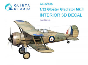 Intérieur imprimé en 3D et coloré sur papier décalcomanie (ICM) Quinta Studio QD32135 Gloster Gladiator Mk II 1/32