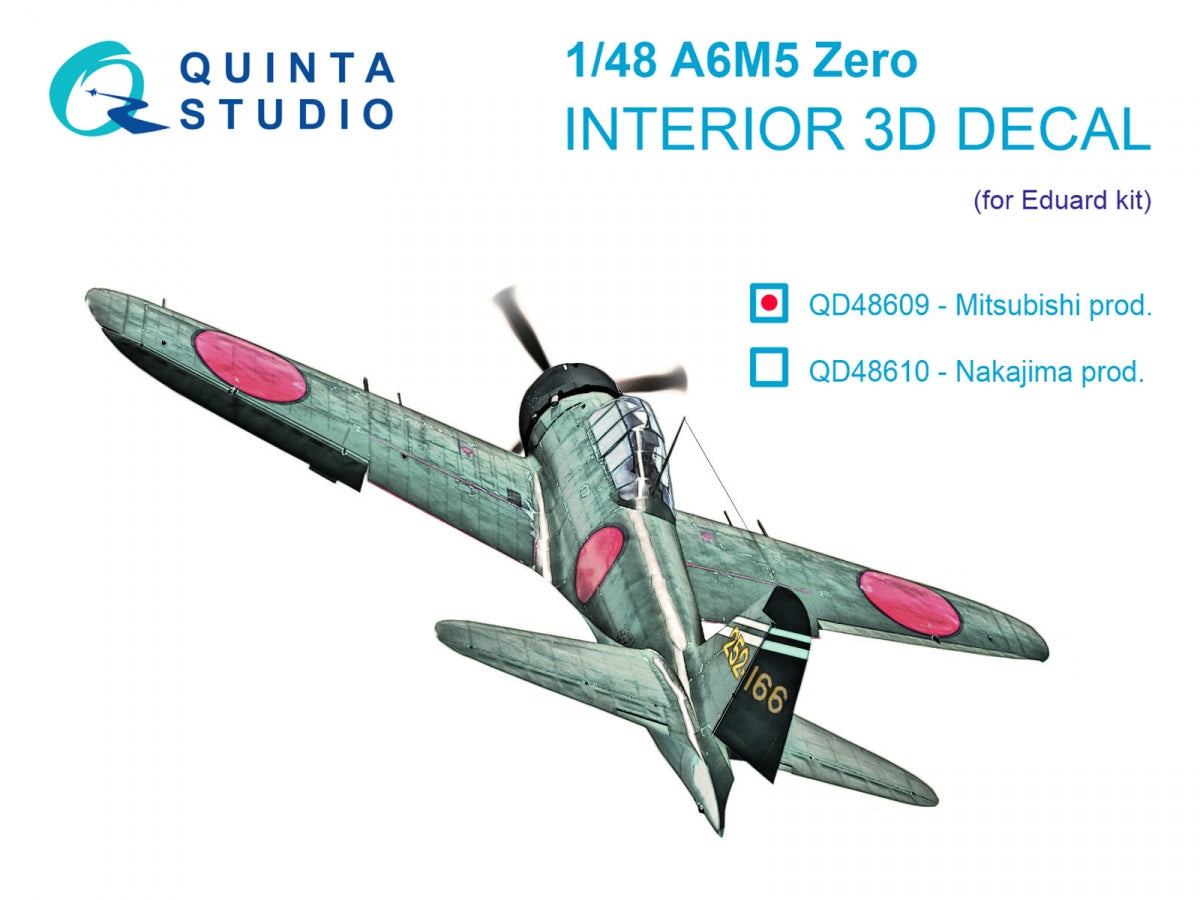 Intérieur imprimé en 3D et coloré sur papier décalcomanie (Eduard) pour la maquette Quinta Studio QD48609 A6M5 Zero (production Mitsubishi) à l'échelle 1/48.