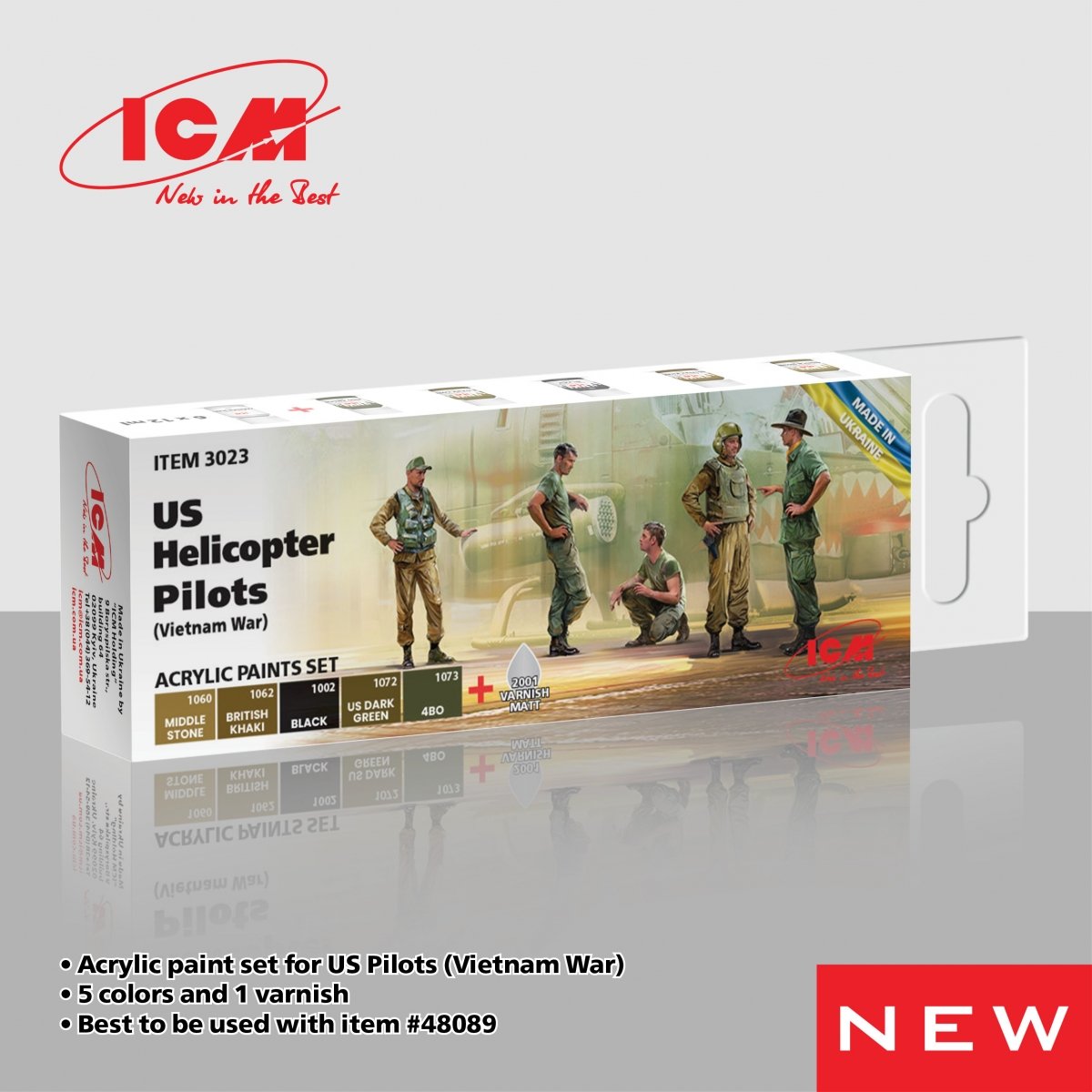 Coffret de peinture acrylique ICM 3023 pour pilotes d'hélicoptères américains (guerre du Vietnam) 5 x 12 ml + vernis Maat