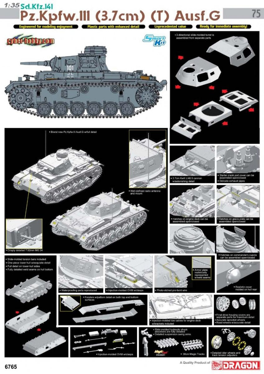 Cyber ​​​​Hobby 6765 Sd.Kfz.141 Pz.Kpfw.III (3,7 cm) (T) Ausf.G (1/35) – immagine 2