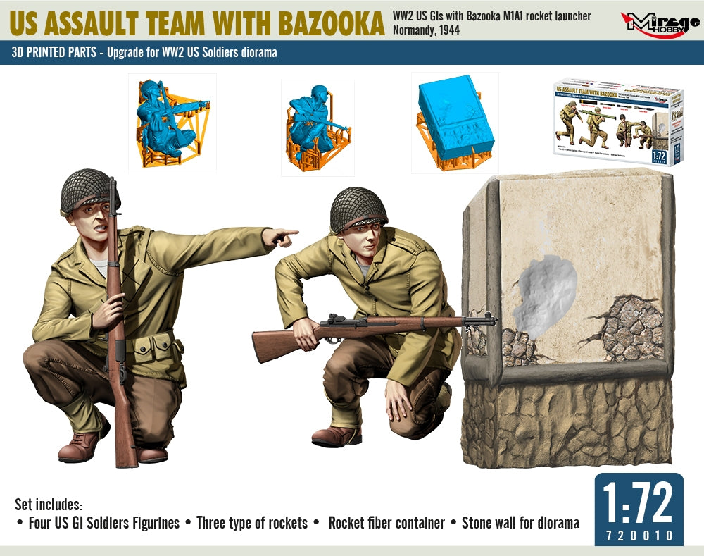Mirage Hobby 720010 ÉQUIPE D&amp;#39;ASSAUT AMÉRICAINE AVEC BAZOOKA, GI américains de la Seconde Guerre mondiale avec lance-roquettes M1A1, Normandie, 1944, échelle 1/72 – immagine 4