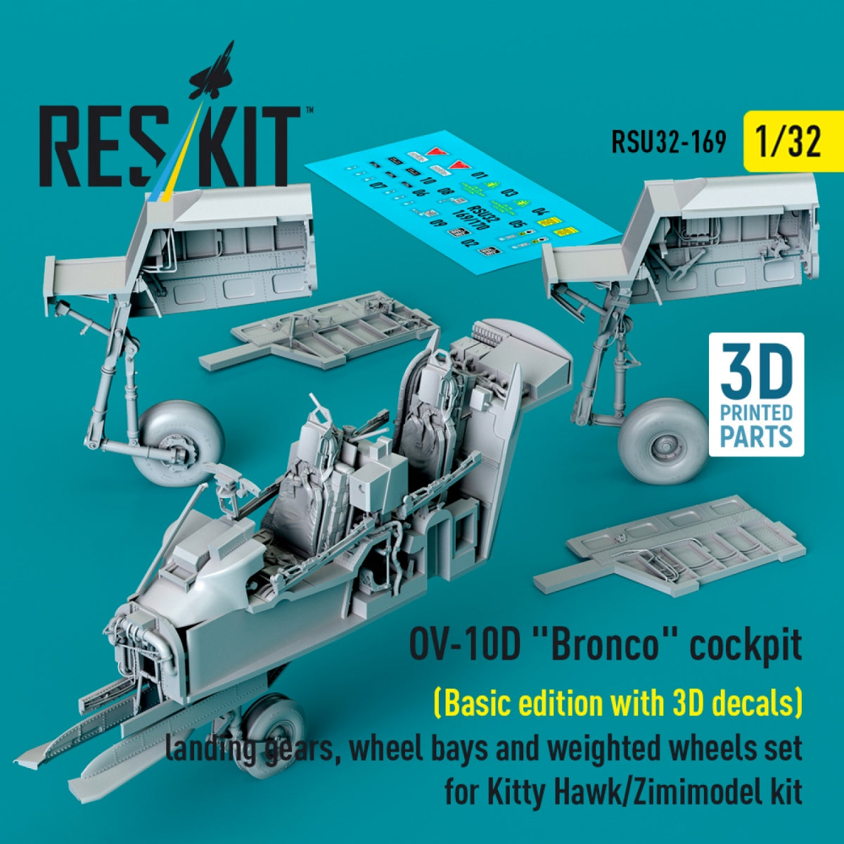 RESKIT RSU32-0169 Cockpit OV-10D « Bronco » (Édition de base avec décalcomanies 3D), train d'atterrissage, puits de roues et jeu de roues lestées pour maquette Kitty Hawk/Zimimodel (Impression 3D) 1/32