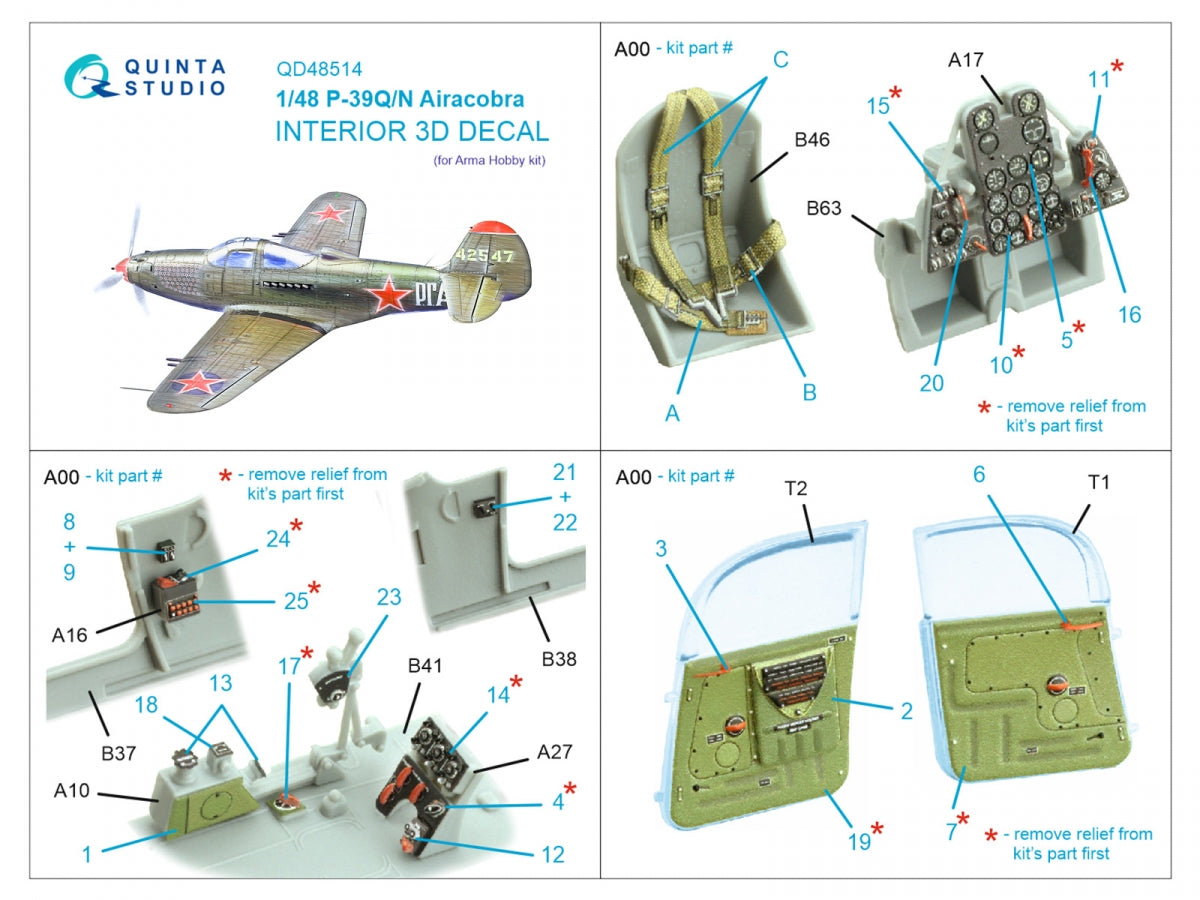Intérieur coloré imprimé en 3D sur papier décalcomanie pour P-39Q/N Airacobra (Arma Hobby) Quinta Studio QD48514, échelle 1/48 – image 5