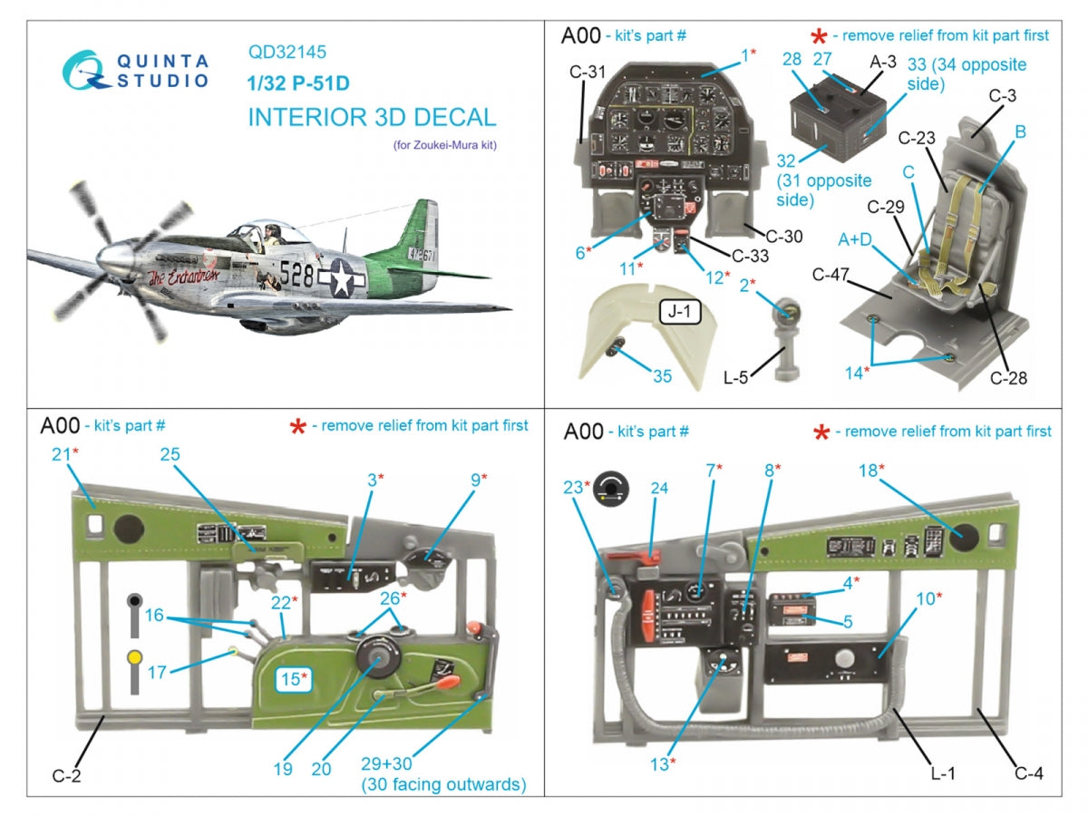 Intérieur imprimé en 3D et coloré sur papier décalcomanie (Zoukei-Mura SWS) pour le P-51D Mustang de Quinta Studio QD32145, échelle 1/32 – immagine 2