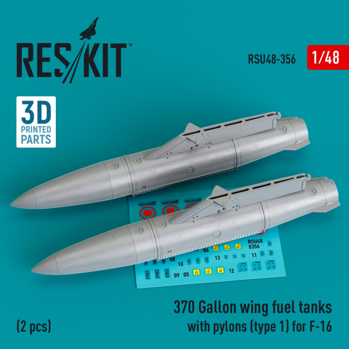 Réservoirs de carburant d&amp;#39;aile RESKIT RSU48-0356 de 370 gallons avec pylônes (type 1) pour F-16 (2 pièces) (Impression 3D) 1/48