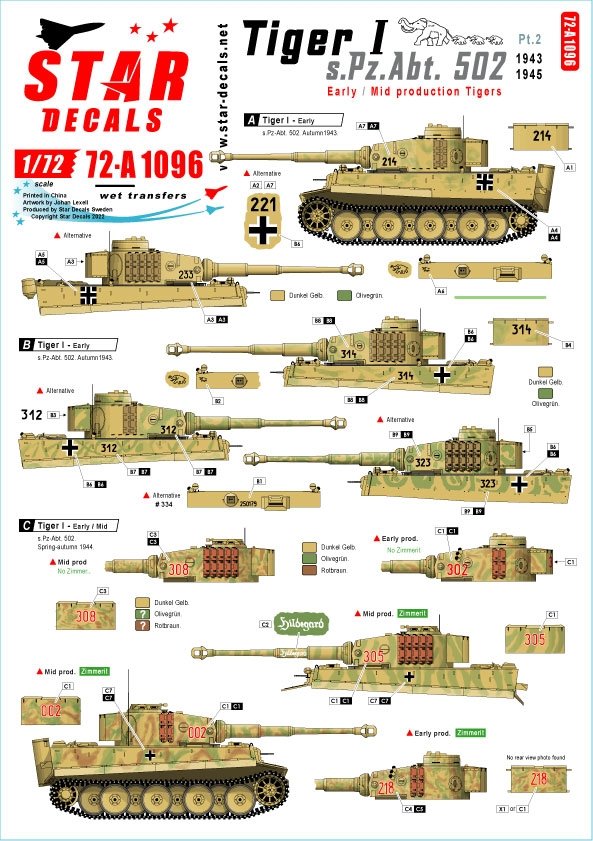 Star Decals 72-A1096 Tiger I. sPzAbt 502 n° 2. Tigers de début/milieu de production. 1943-45. Échelle 1/72