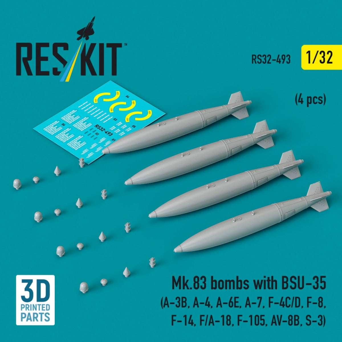 RESKIT RS32-0493 Bombes Mk.83 avec BSU-35 (4 pièces) (impression 3D) 1/32