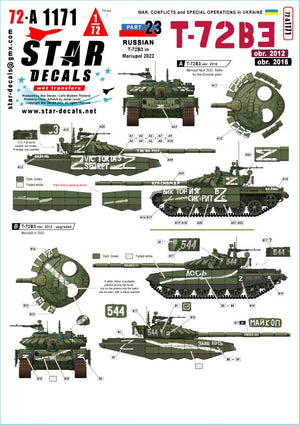 Star Decals 72-A1171 Guerre en Ukraine n° 23 T-72B3 russe à Marioupol 2022. T-72B3 rév. 2012 et rév. 2016. Échelle 1/72
