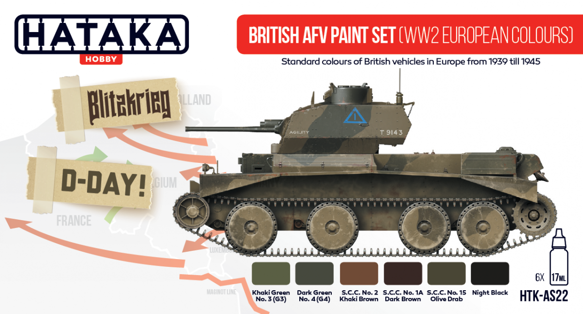 Kit de peinture Hataka HTK-AS22 pour véhicules blindés britanniques (couleurs européennes de la Seconde Guerre mondiale) (6 x 17 ml)